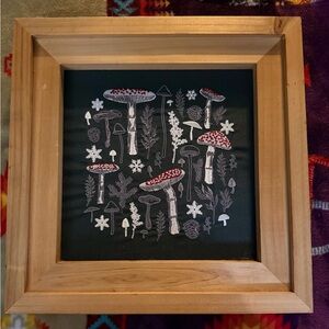Hand -embroidered mushrooms framed art piece